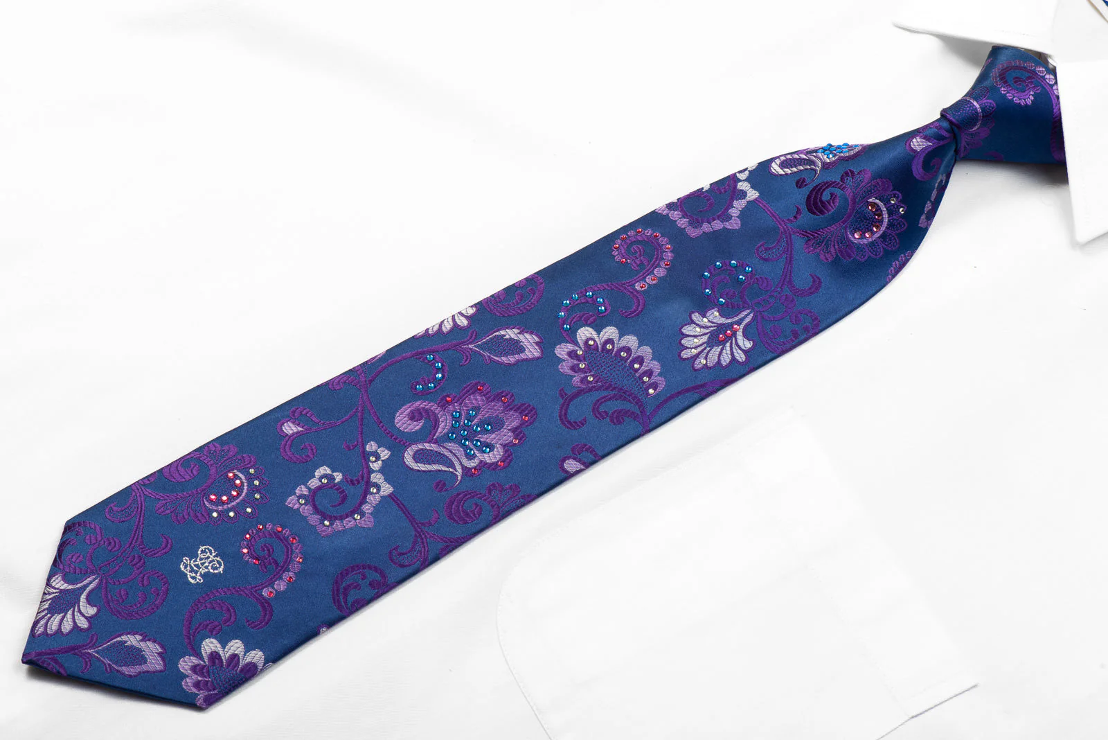 Guy Laroche Rhinestone Necktie Purple Anthemion On Navy - Image 3