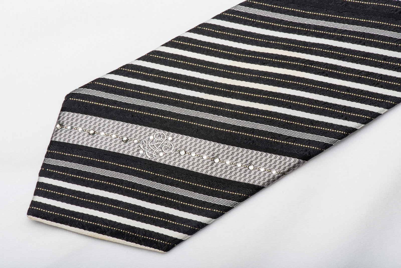 Guy Laroche Mens Rhinestone Necktie Silver Striped On Black Silk With Gold Sparkles - Image 3
