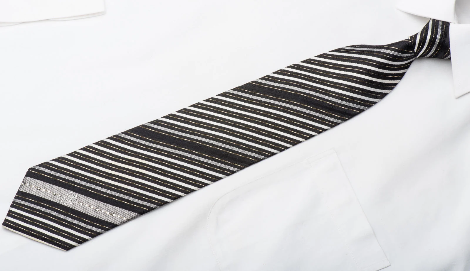 Guy Laroche Mens Rhinestone Necktie Silver Striped On Black Silk With Gold Sparkles - Image 4