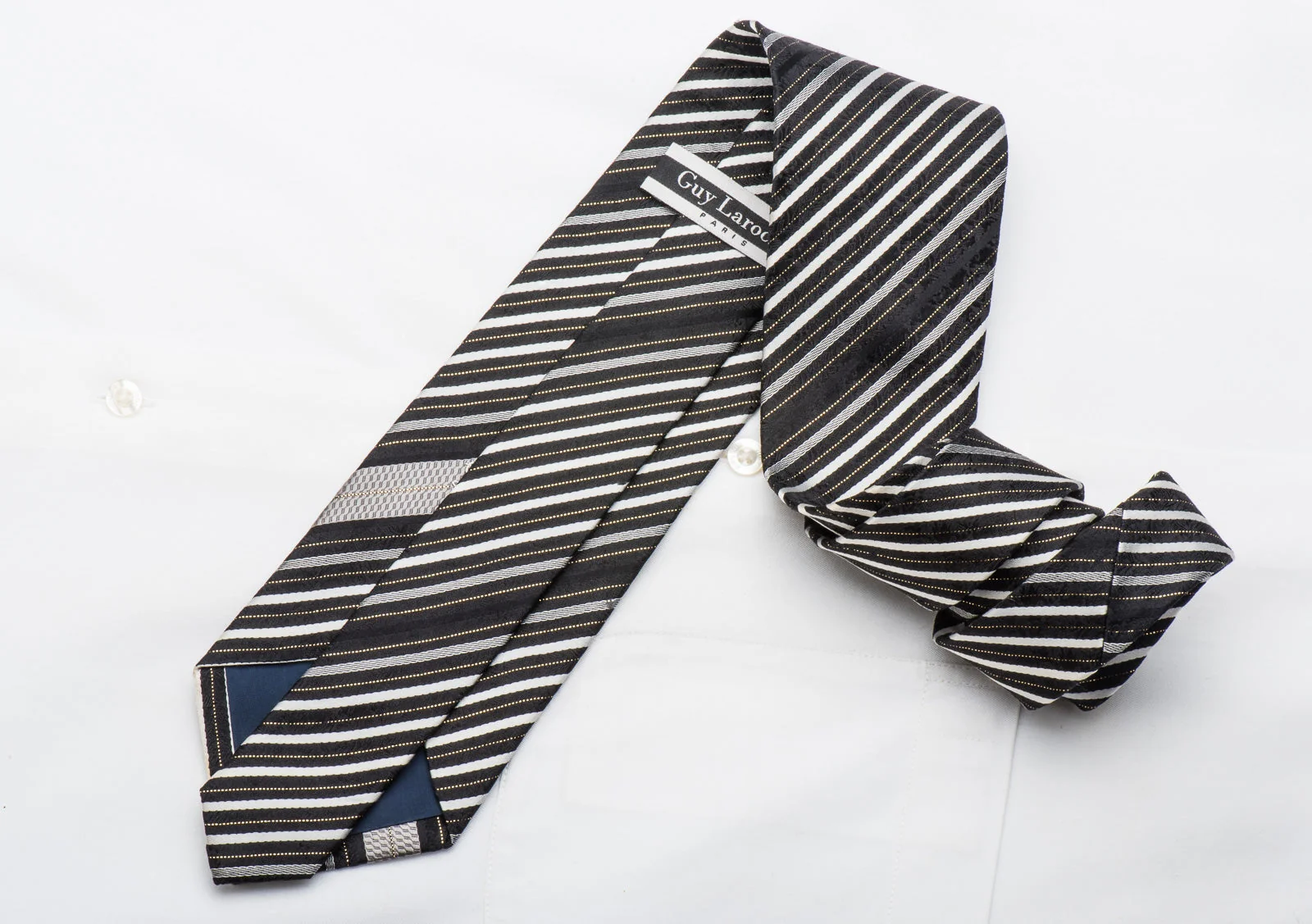 Guy Laroche Mens Rhinestone Necktie Silver Striped On Black Silk With Gold Sparkles - Image 5