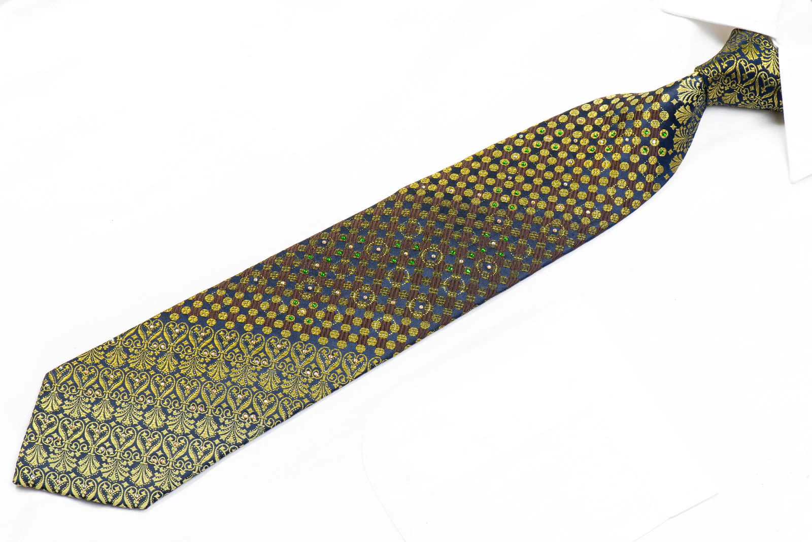 Guy Laroche Rhinestone Silk Necktie Green Anthemion Geometric On Navy With Sparkles - Image 4