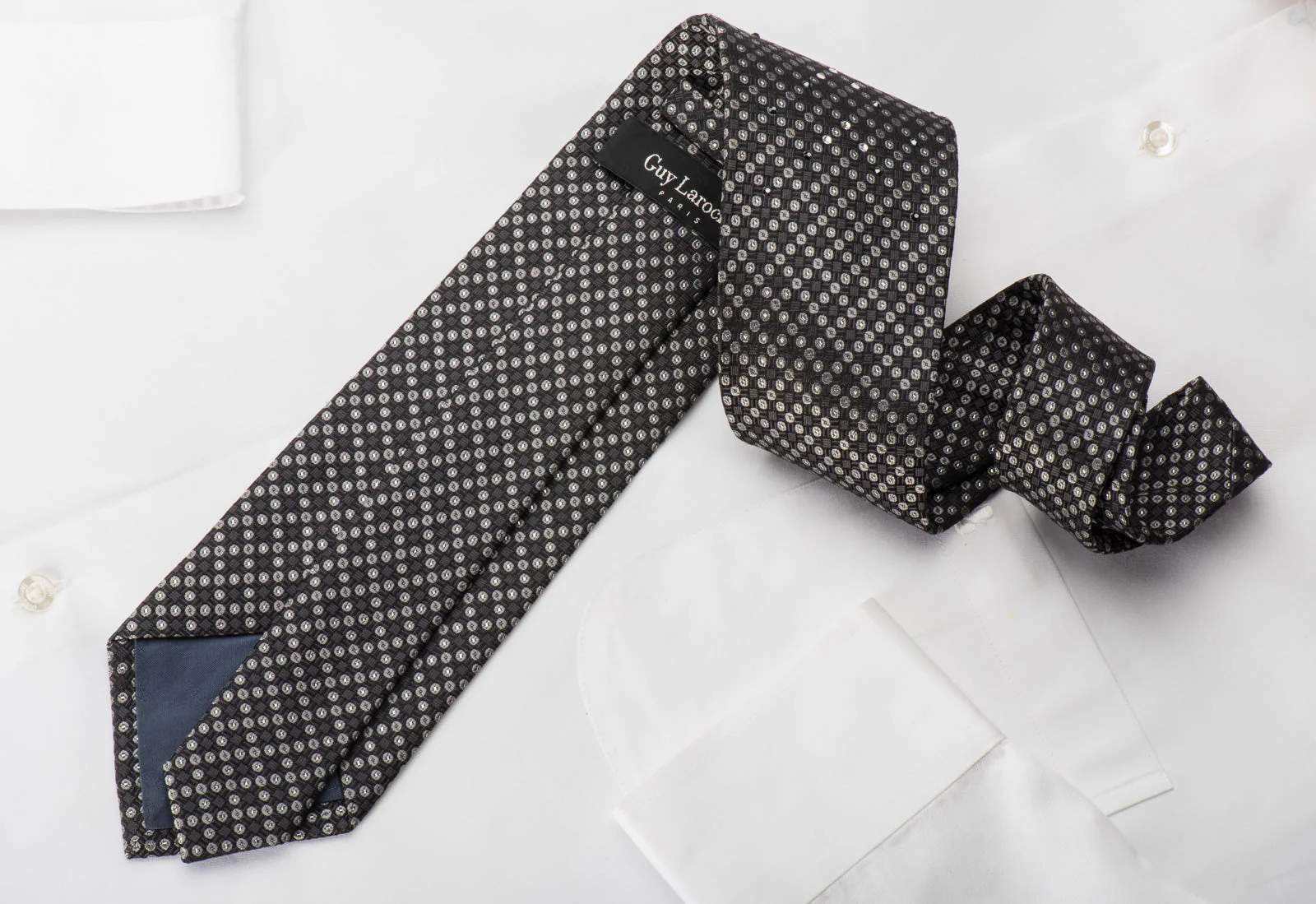 Guy Laroche Rhinestone Silk Necktie Silver Dots On Black With Silver Sparkles - Image 3