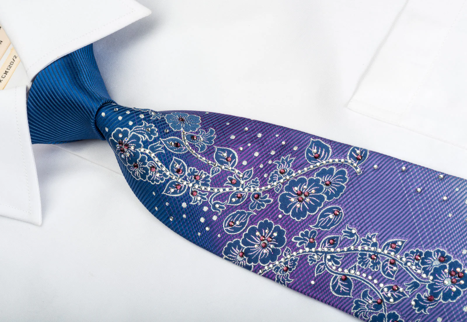Guy Laroche Rhinestone Silk Necktie Silver Floral On Purple With Silver Sparkles - Image 2