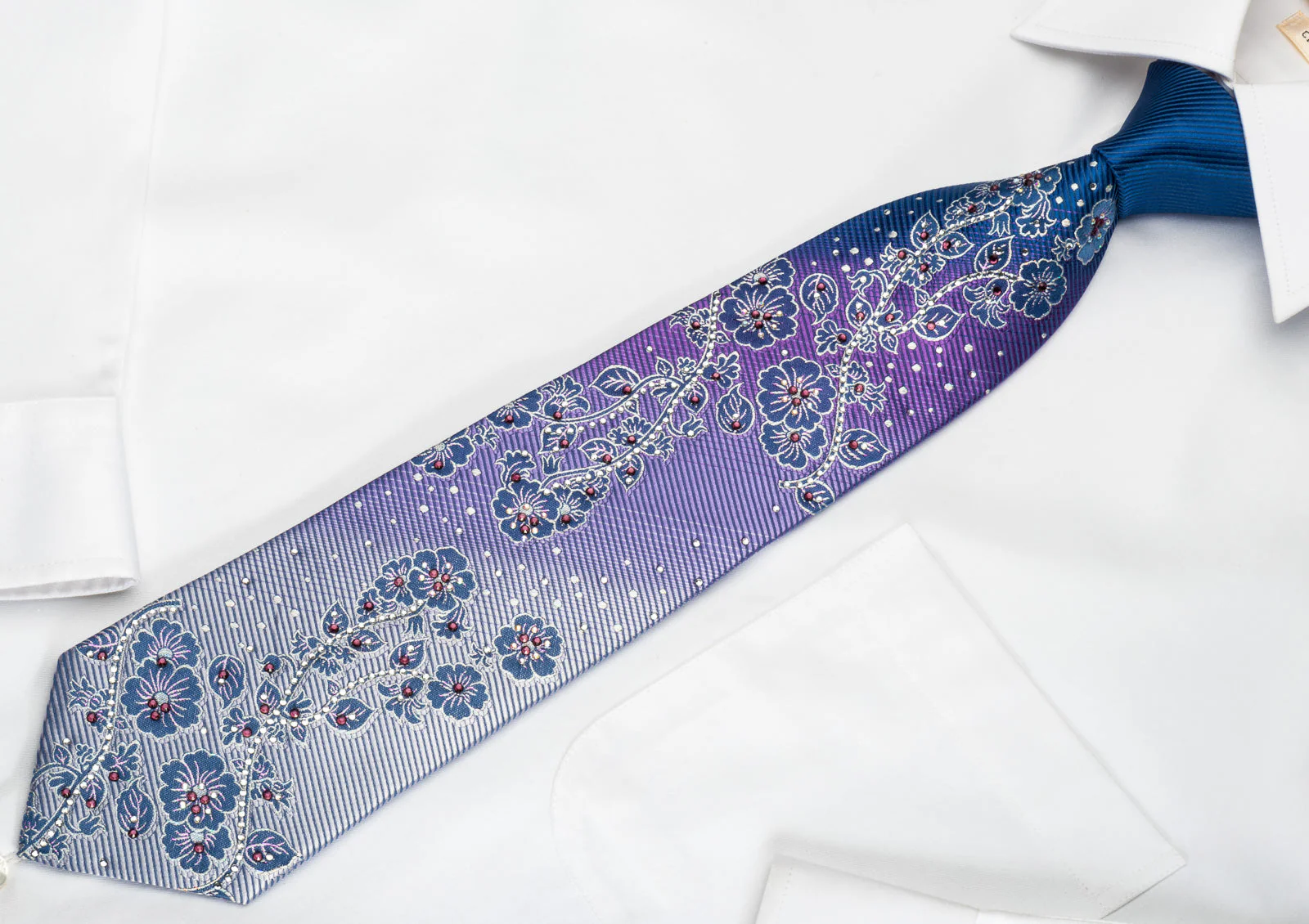 Guy Laroche Rhinestone Silk Necktie Silver Floral On Purple With Silver Sparkles - Image 6