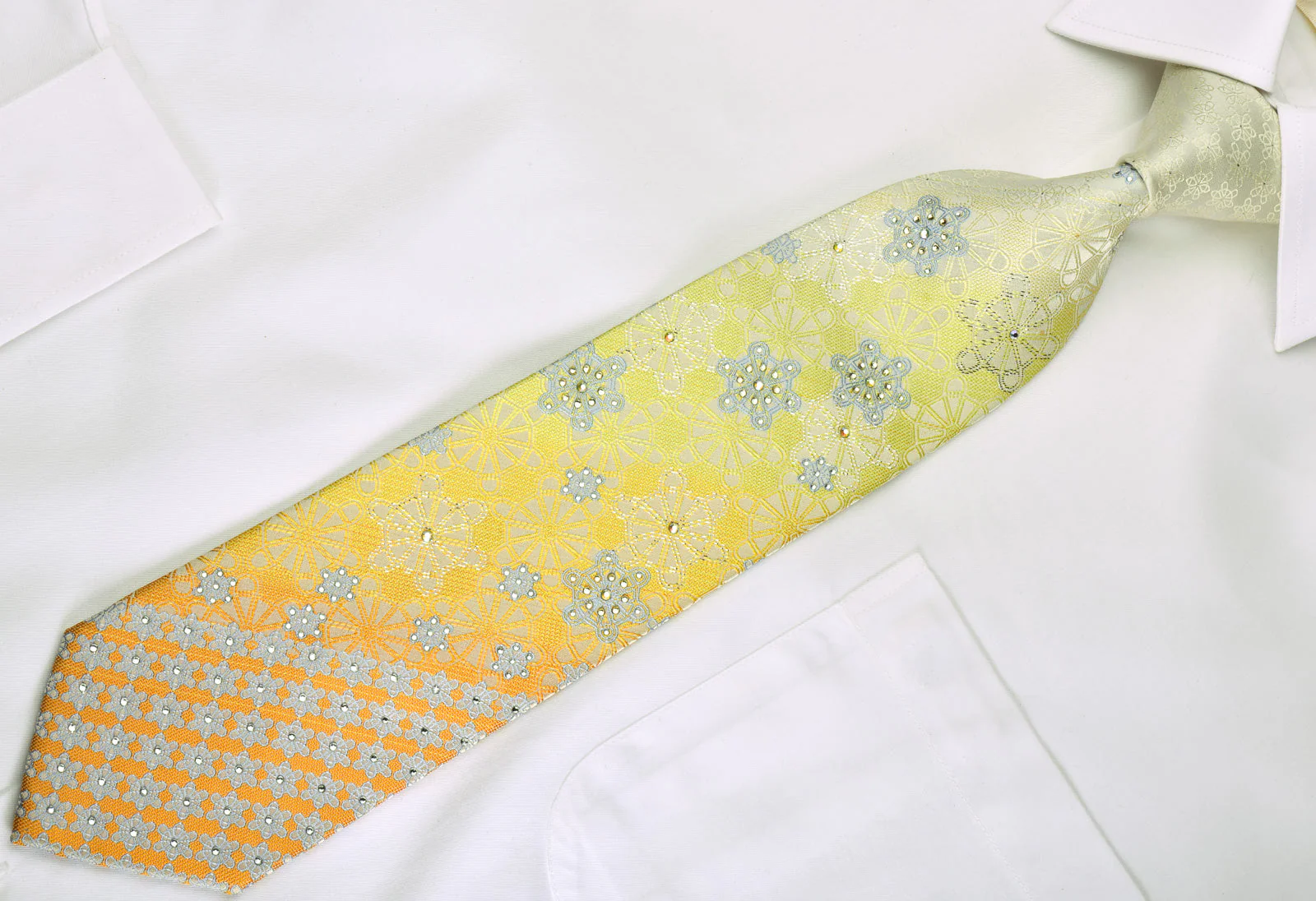Guy Laroche Rhinestone Silk Necktie Silver Geometric On Yellow Orange With Silver Sparkles - Image 2