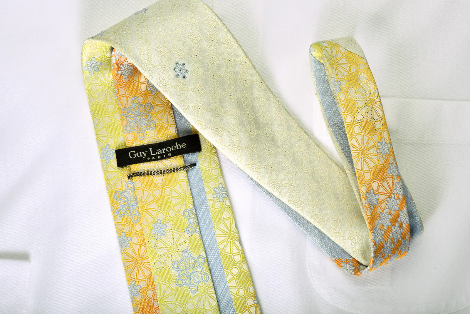 Guy Laroche Rhinestone Silk Necktie Silver Geometric On Yellow Orange With Silver Sparkles - Image 3