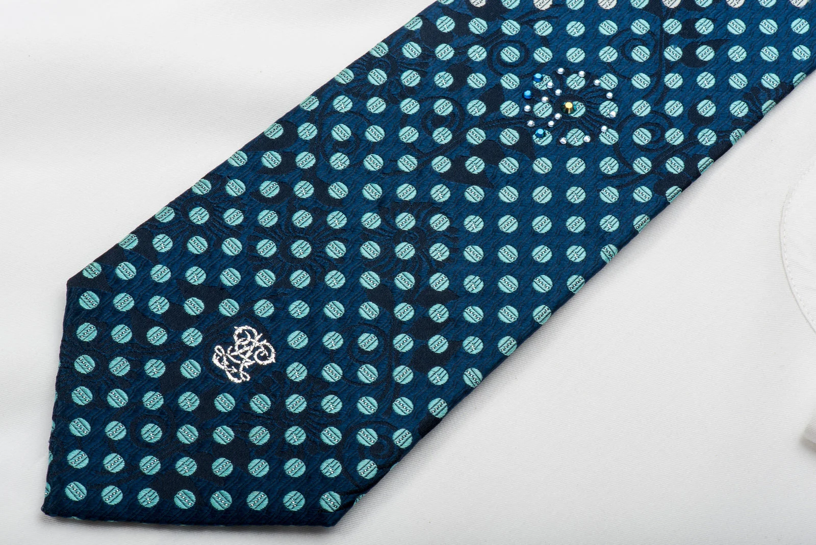 Guy Laroche Rhinestone Silk Necktie Silver Teal Dots On Blue With Silver Sparkles - Image 3