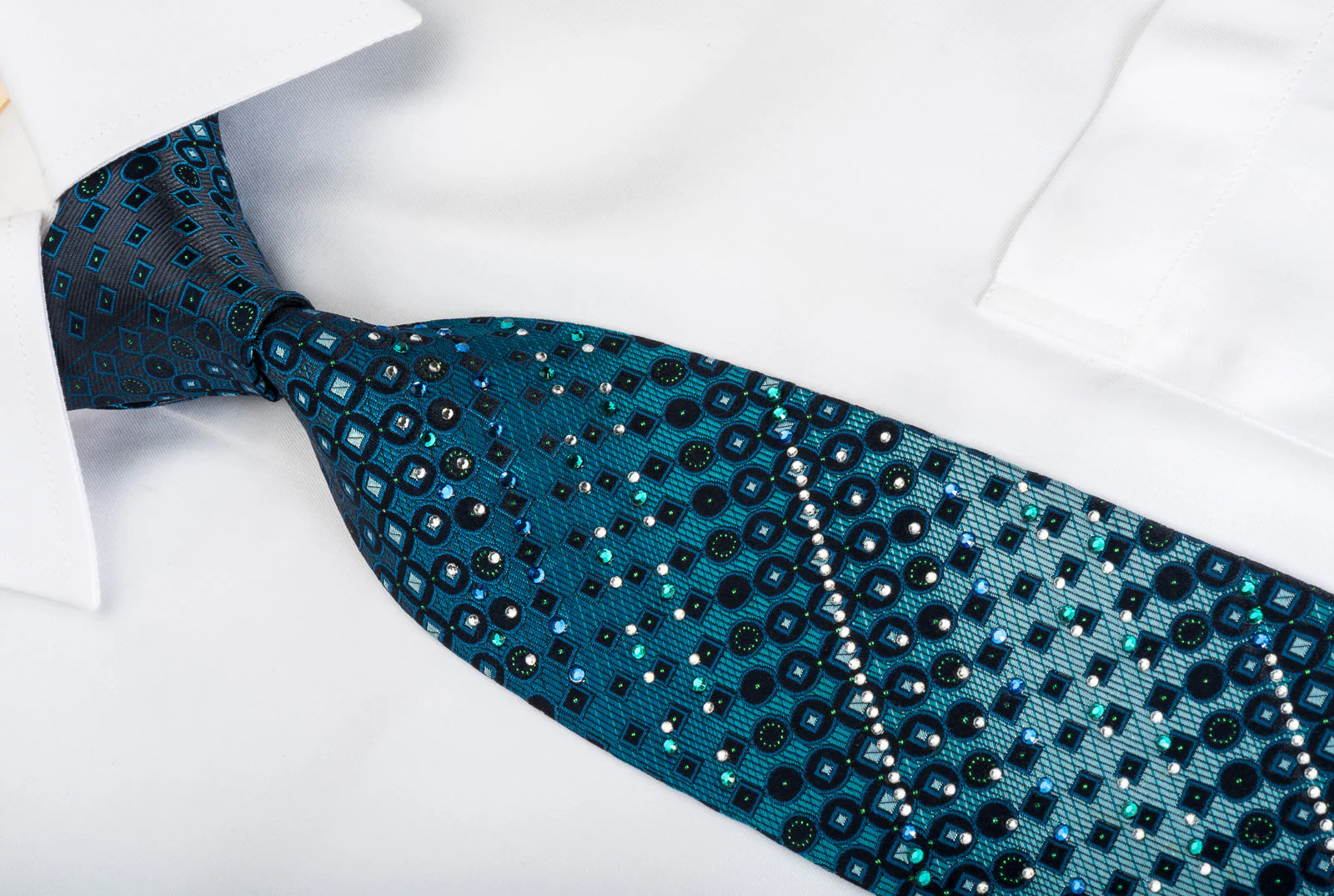Guy Laroche Rhinestone Tie Geometric On Blue With Green Sparkles - Image 5