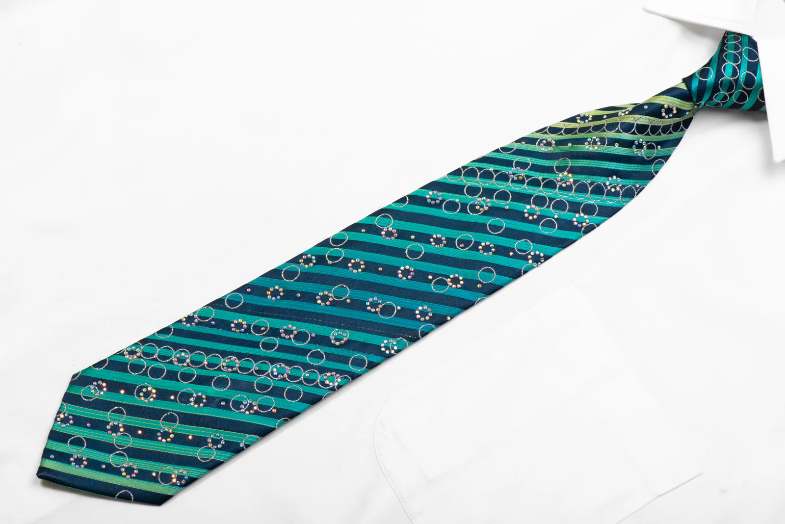 Guy Laroche Silk Necktie Teal Stripes On Navy With Rhinestones - Image 3