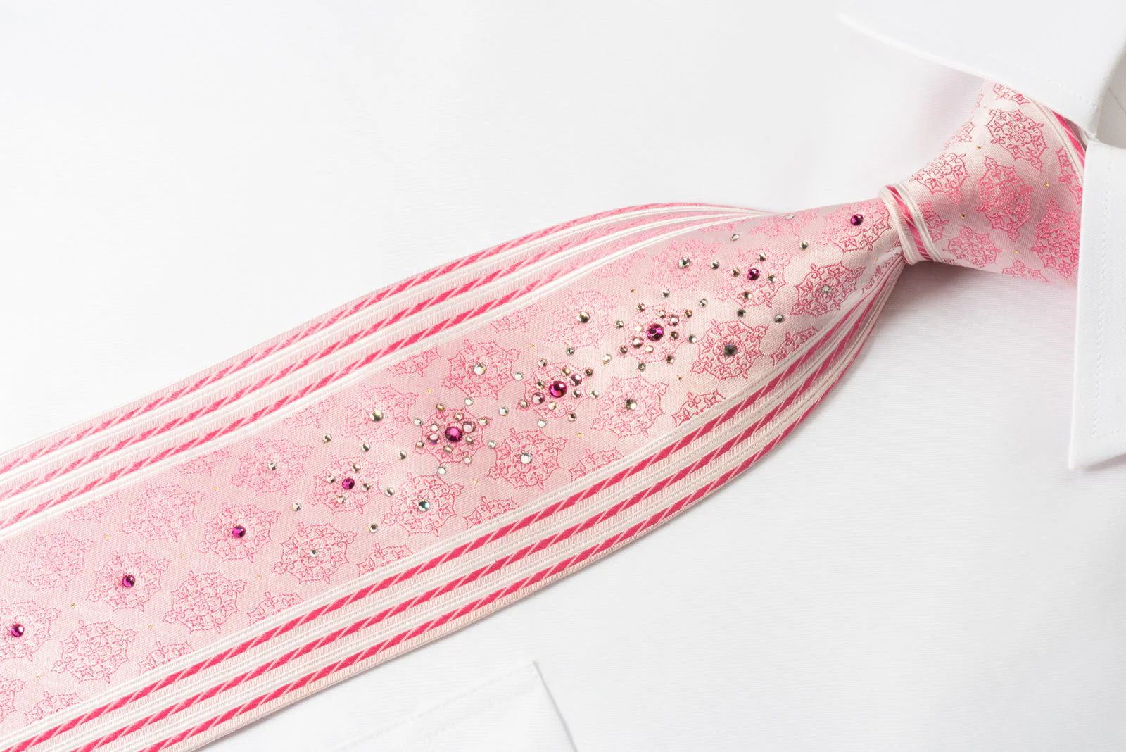 Guy Laroche Silk Rhinestone Necktie Cartouche Stripes On Pink With Silver Sparkles - Image 3