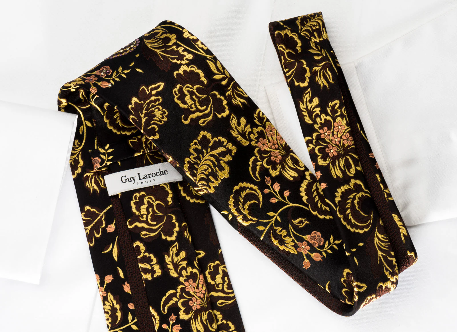 Guy Laroche Silk Rhinestone Necktie Golden Floral On Brown With Gold Sparkles - Image 5