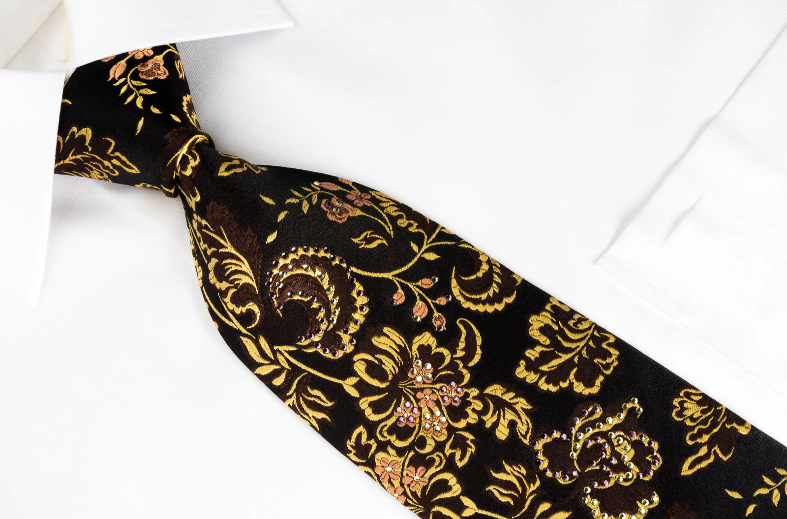 Guy Laroche Silk Rhinestone Necktie Golden Floral On Brown With Gold Sparkles - Image 7