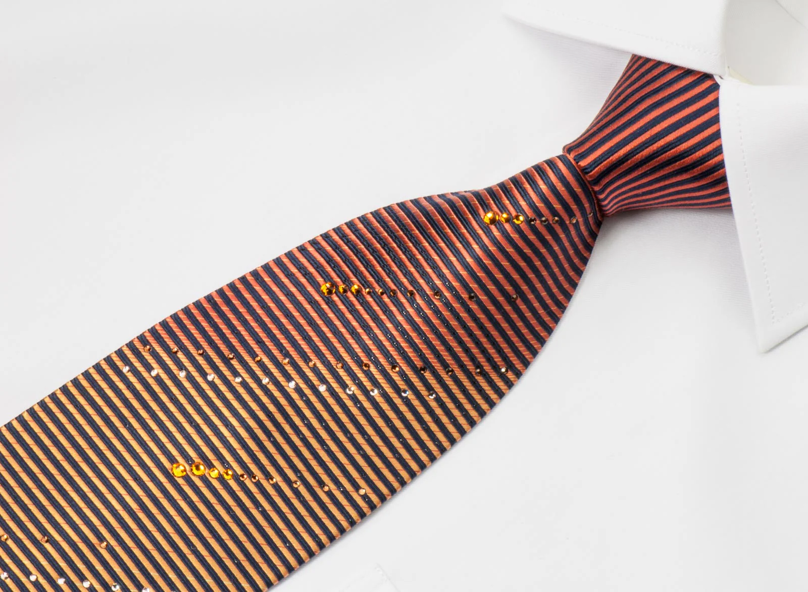 Guy Laroche Silk Rhinestone Necktie Orange Striped On Black With Sparkles