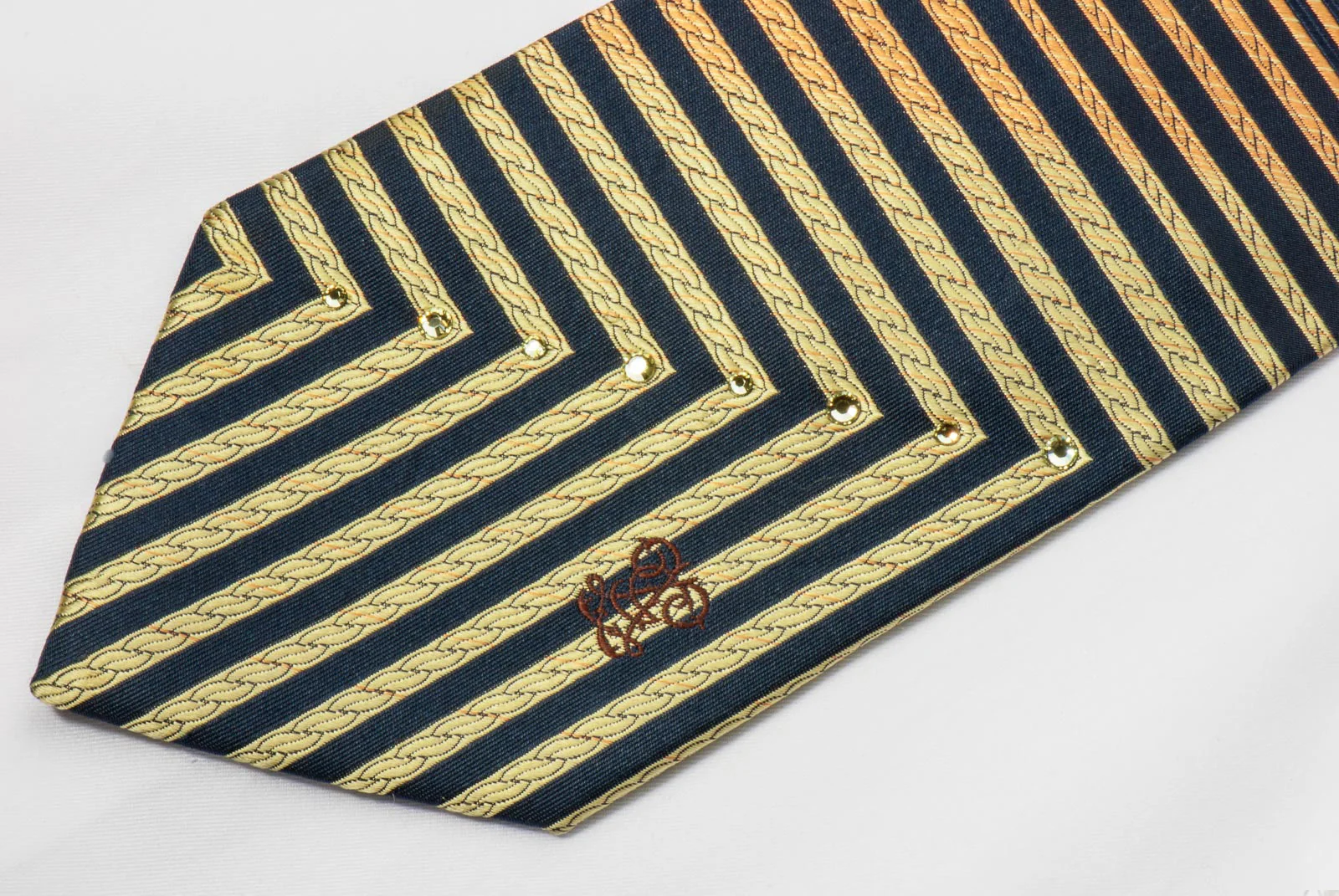 Guy Laroche Silk Rhinestone Necktie Orange Striped On Black With Sparkles - Image 5