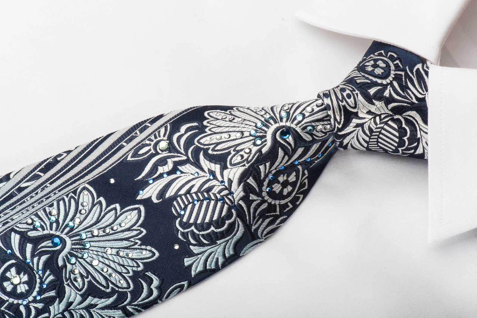 Guy Laroche Silk Tie Silver Anthemion On Blue Sparkling With Rhinestones - Image 3