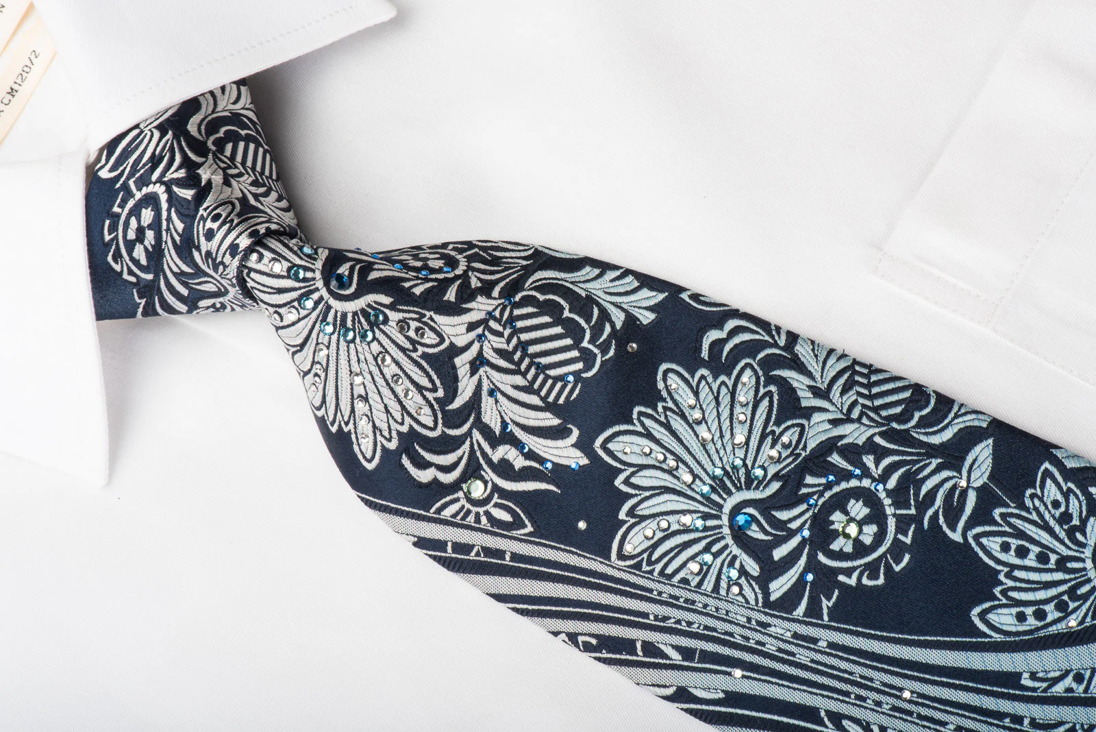 Guy Laroche Silk Tie Silver Anthemion On Blue Sparkling With Rhinestones - Image 5
