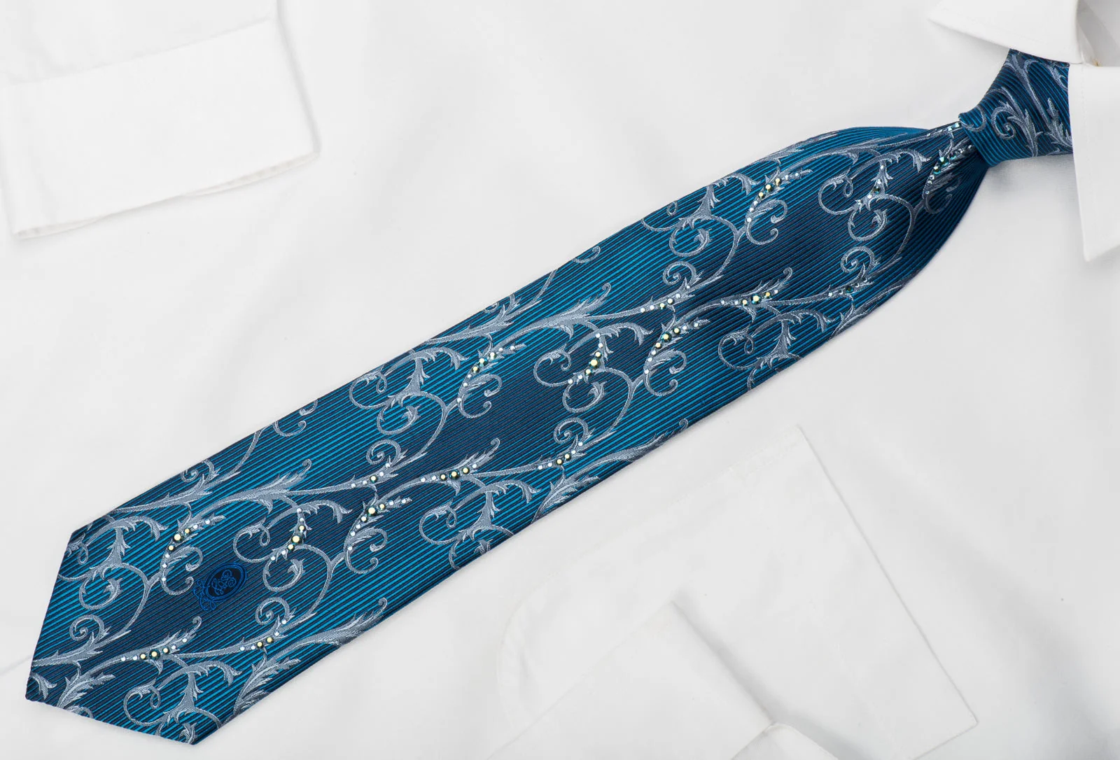 Guy Laroche Silk Tie Silver Filigree On Blue Sparkling With Rhinestones - Image 6