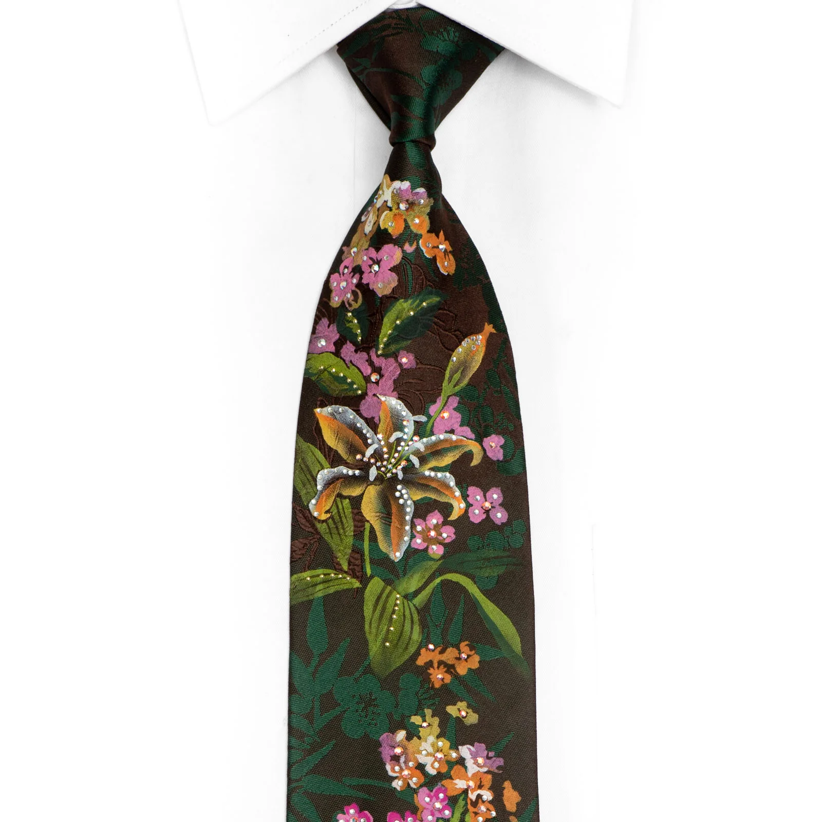 Hand Painted & Woven Mens Floral Rhinestone Silk Tie