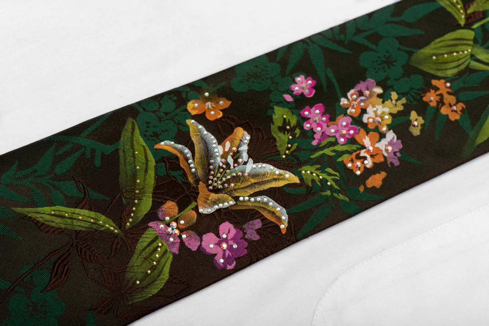 Hand Painted & Woven Mens Floral Rhinestone Silk Tie - Image 3