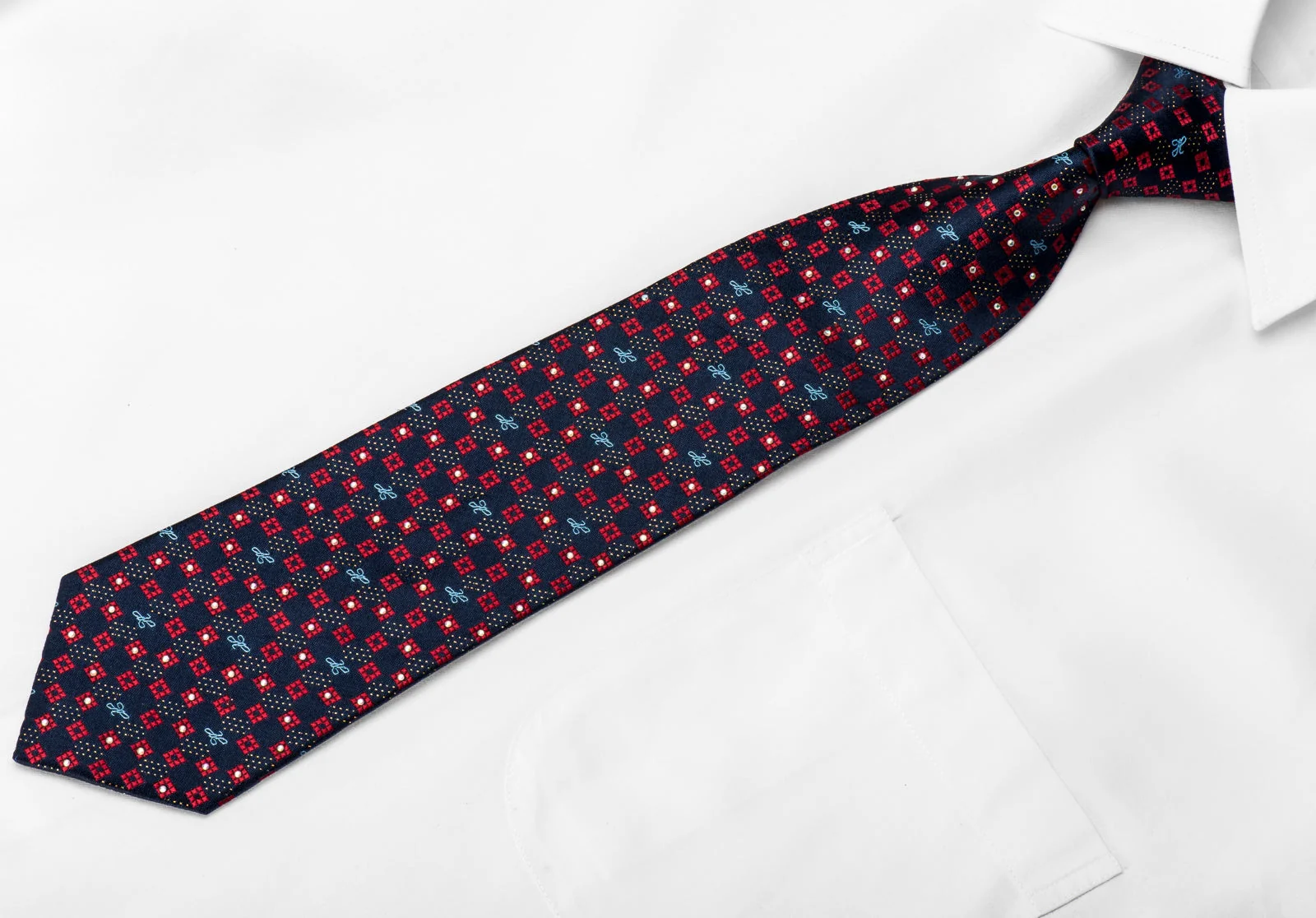 Harris Tone Men's Crystal Rhinestone Silk Necktie Red Micro Squares On Blue With Sparkles - Image 2