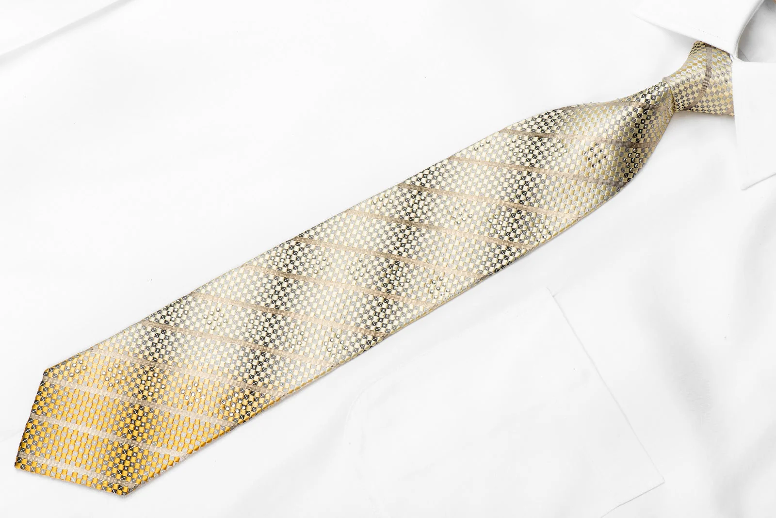 Herbon Men's Crystal Silk Tie Gold Metallic Stripes On Silver Cream Checker - Image 4