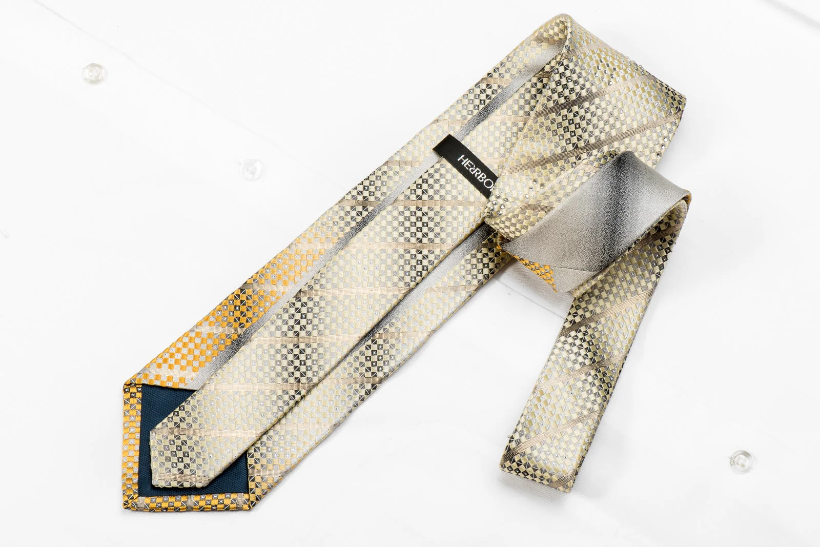 Herbon Men's Crystal Silk Tie Gold Metallic Stripes On Silver Cream Checker - Image 5
