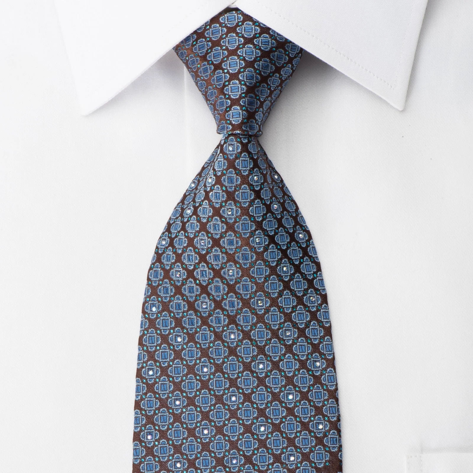 Herrbon Rhinestone Silk Necktie Blue Paisley On Brown With Silver Sparkles
