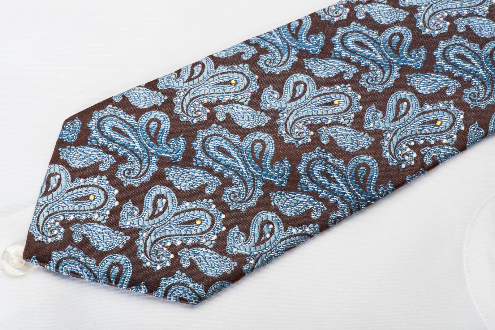 Herrbon Rhinestone Silk Necktie Blue Paisley On Brown With Silver Sparkles - Image 3