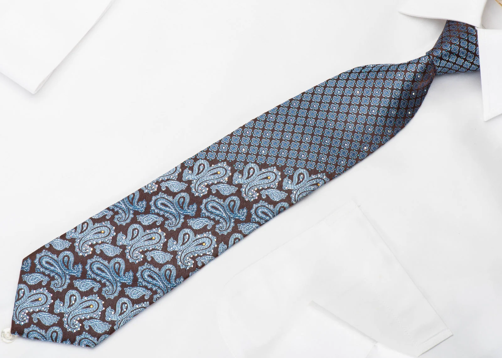 Herrbon Rhinestone Silk Necktie Blue Paisley On Brown With Silver Sparkles - Image 4