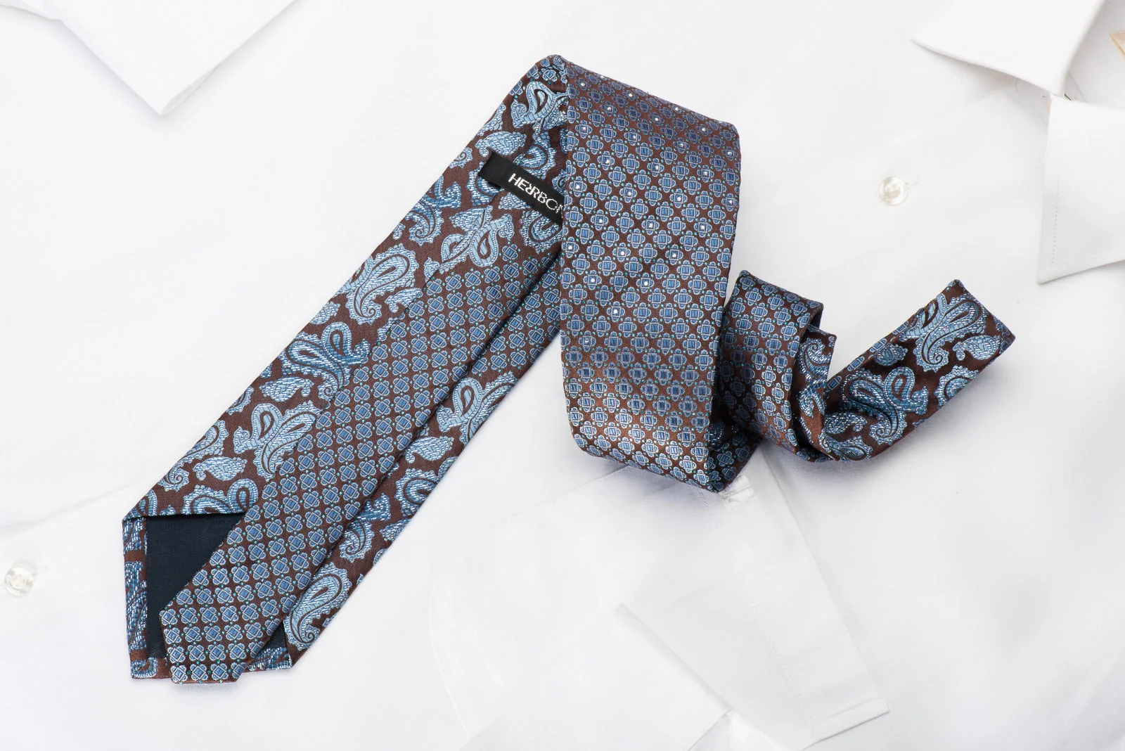 Herrbon Rhinestone Silk Necktie Blue Paisley On Brown With Silver Sparkles - Image 5
