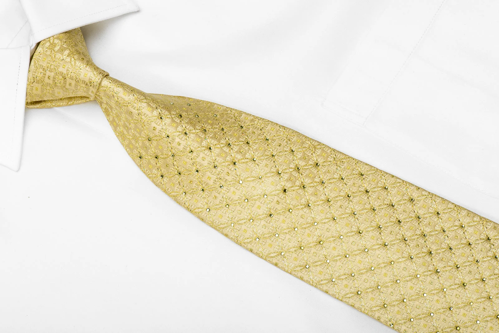 Huey Men's Crystal Silk Tie Geometric Medallions On Golden With Gold Sparkles - Image 2