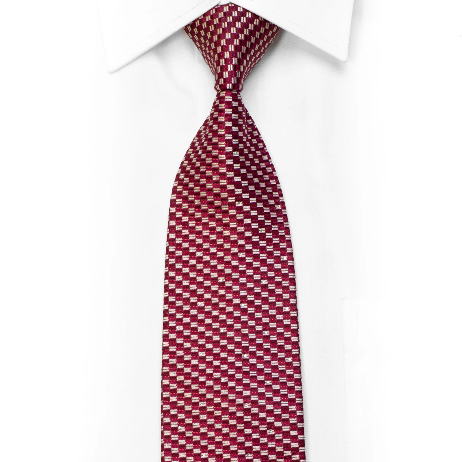 ILMO Silk Necktie Silver Burgundy Checkered With Rhinestones & Sparkles