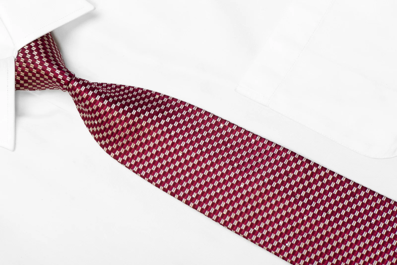 ILMO Silk Necktie Silver Burgundy Checkered With Rhinestones & Sparkles - Image 2
