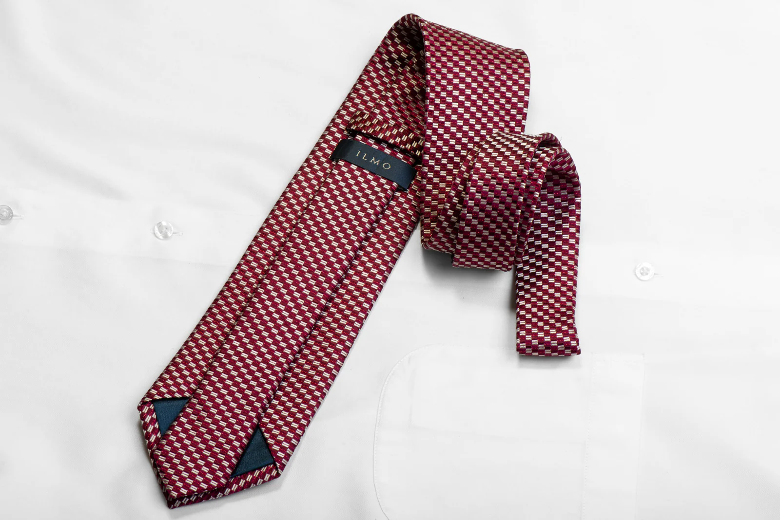 ILMO Silk Necktie Silver Burgundy Checkered With Rhinestones & Sparkles - Image 4