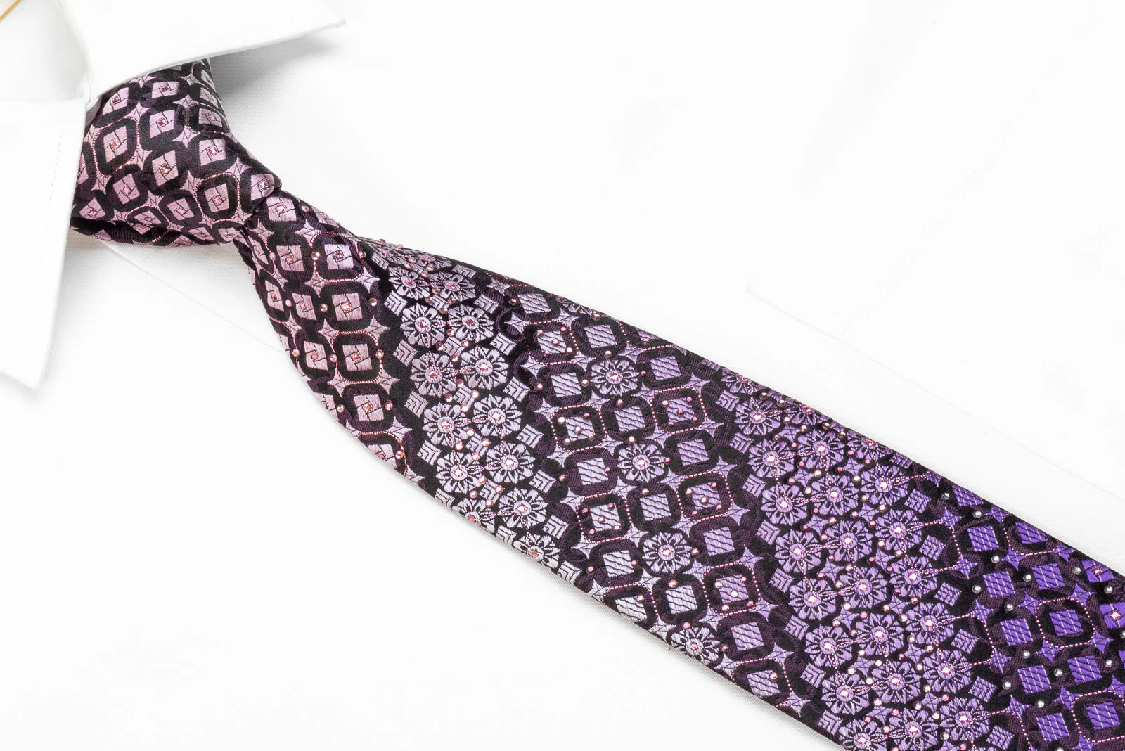 Indian Homme Men's Crystal Rhinestone Necktie Purple Geometric On Black With Sparkles - Image 2