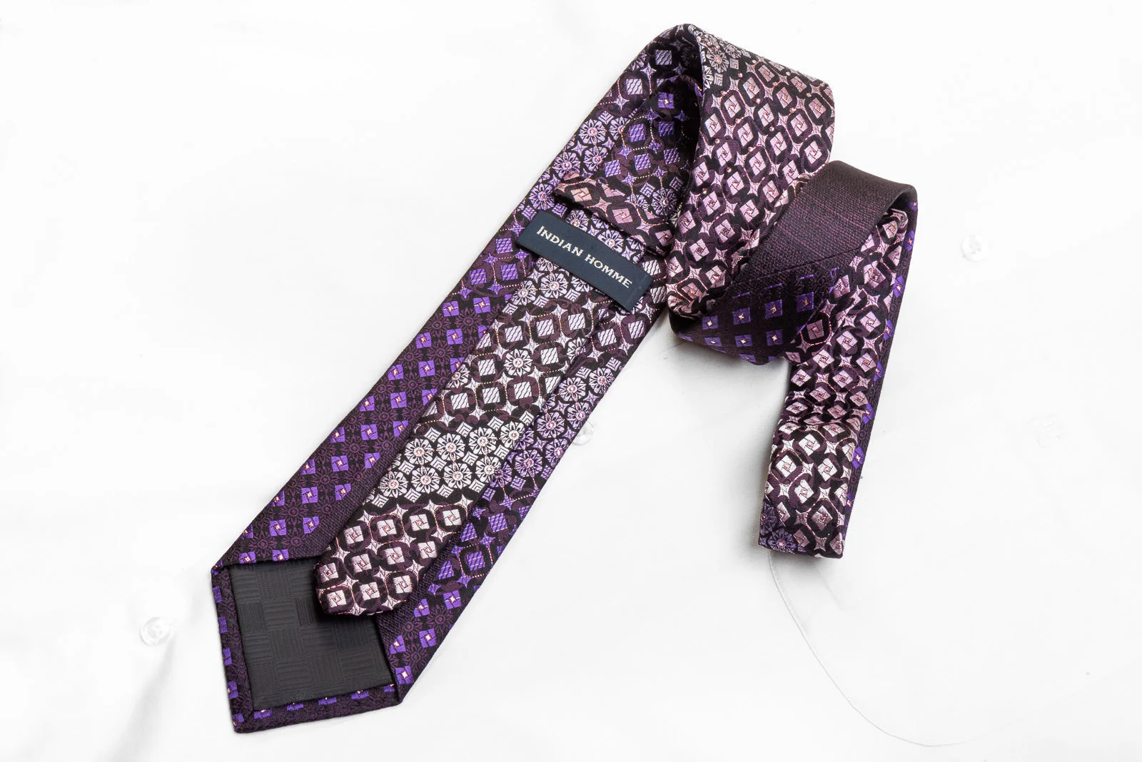 Indian Homme Men's Crystal Rhinestone Necktie Purple Geometric On Black With Sparkles - Image 4