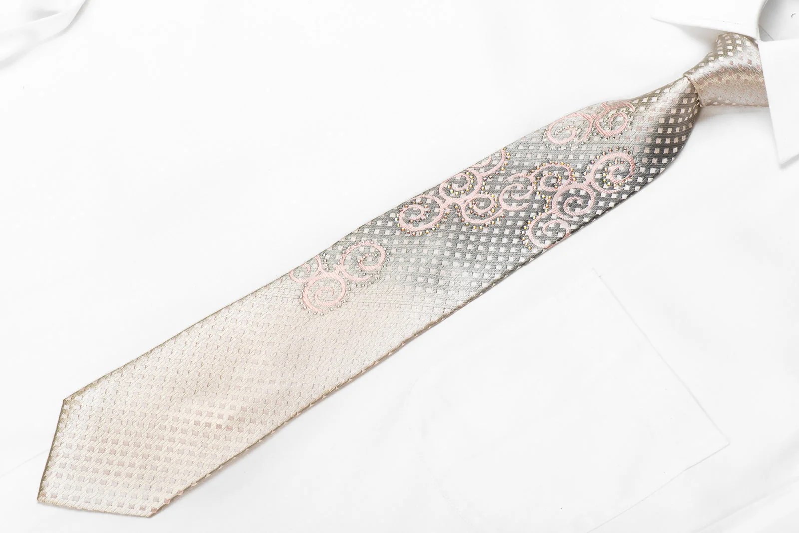 Indian Homme Men's Crystal Rhinestone Silk Necktie Pink Scrolls On Silver - Image 2