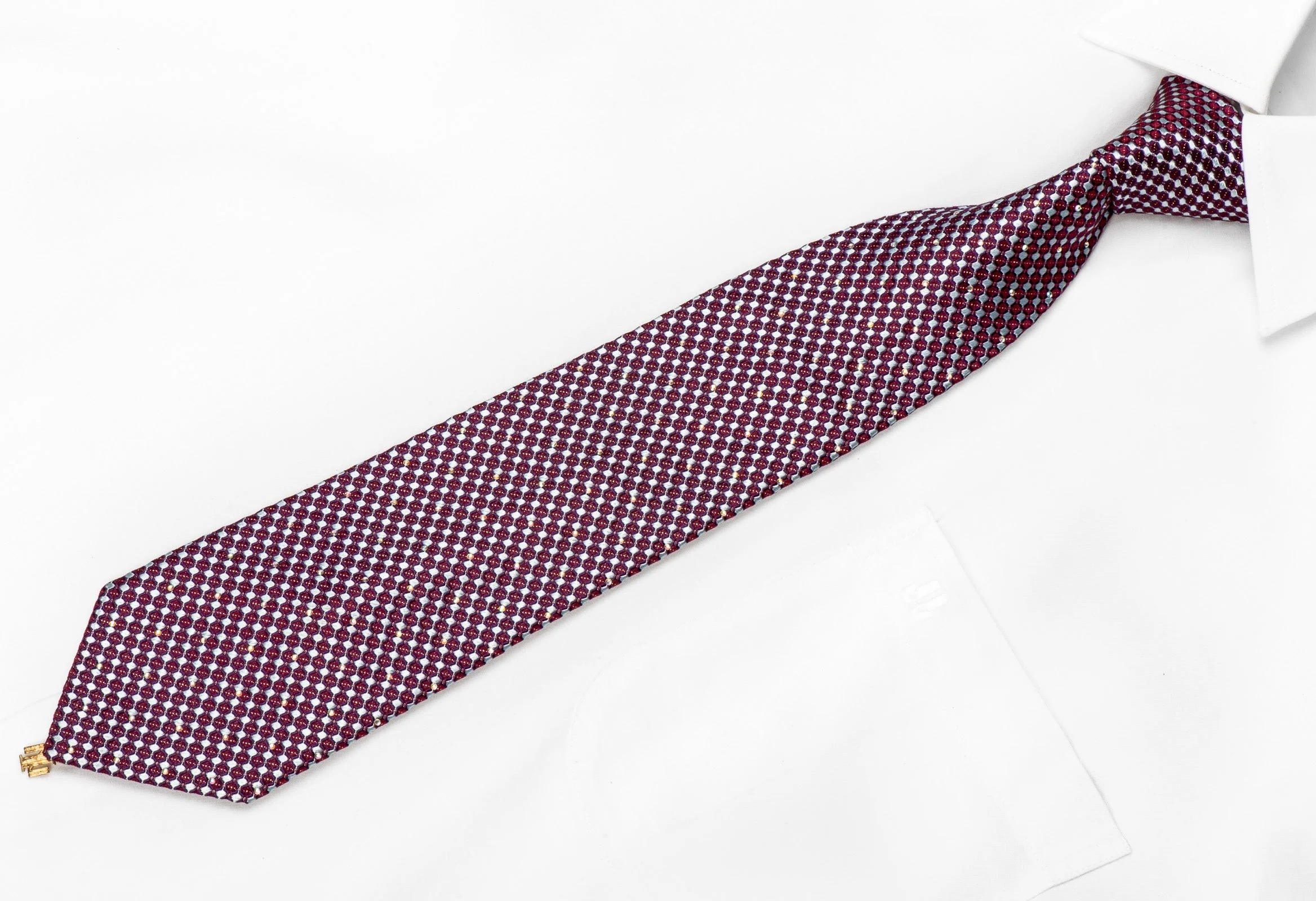 Indian Homme Men's Crystal Silk Tie Silver Purple Micro Checker With Silver Sparkles - Image 2