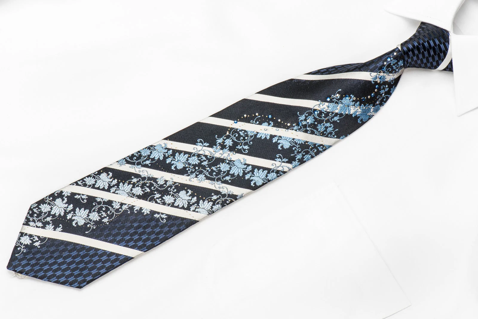 Indian Homme Men's Crystal Silk Tie Silver Striped Floral On Navy With Sparkles - Image 2