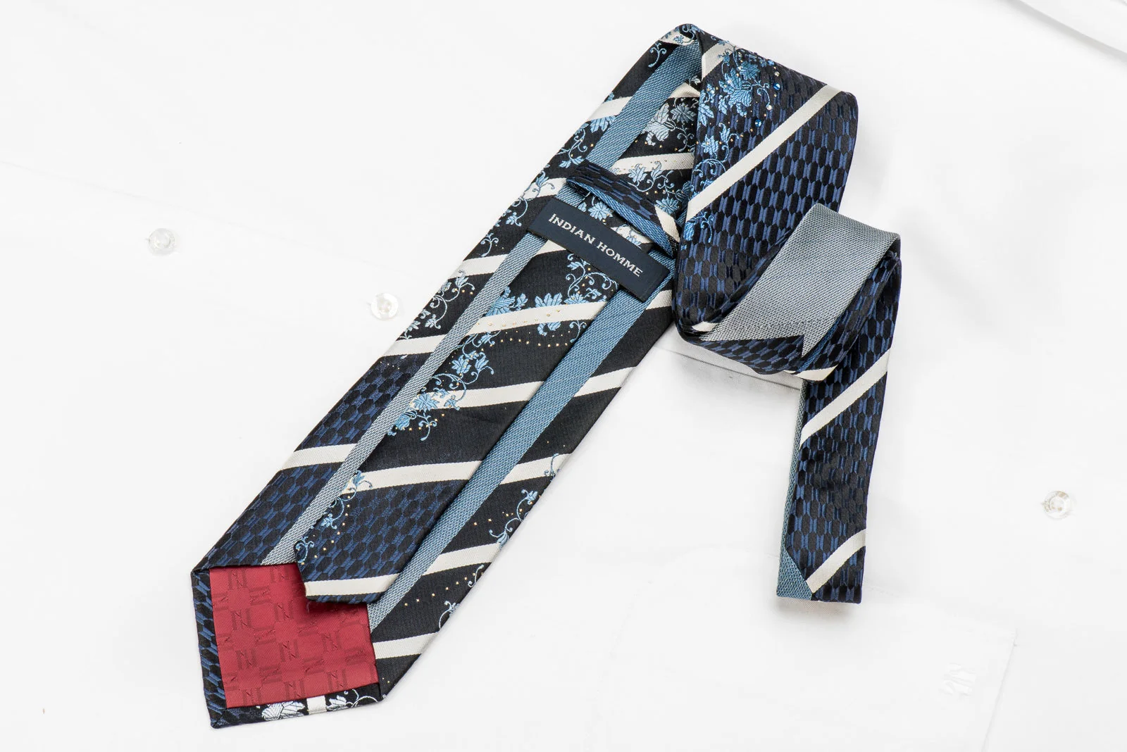 Indian Homme Men's Crystal Silk Tie Silver Striped Floral On Navy With Sparkles - Image 4