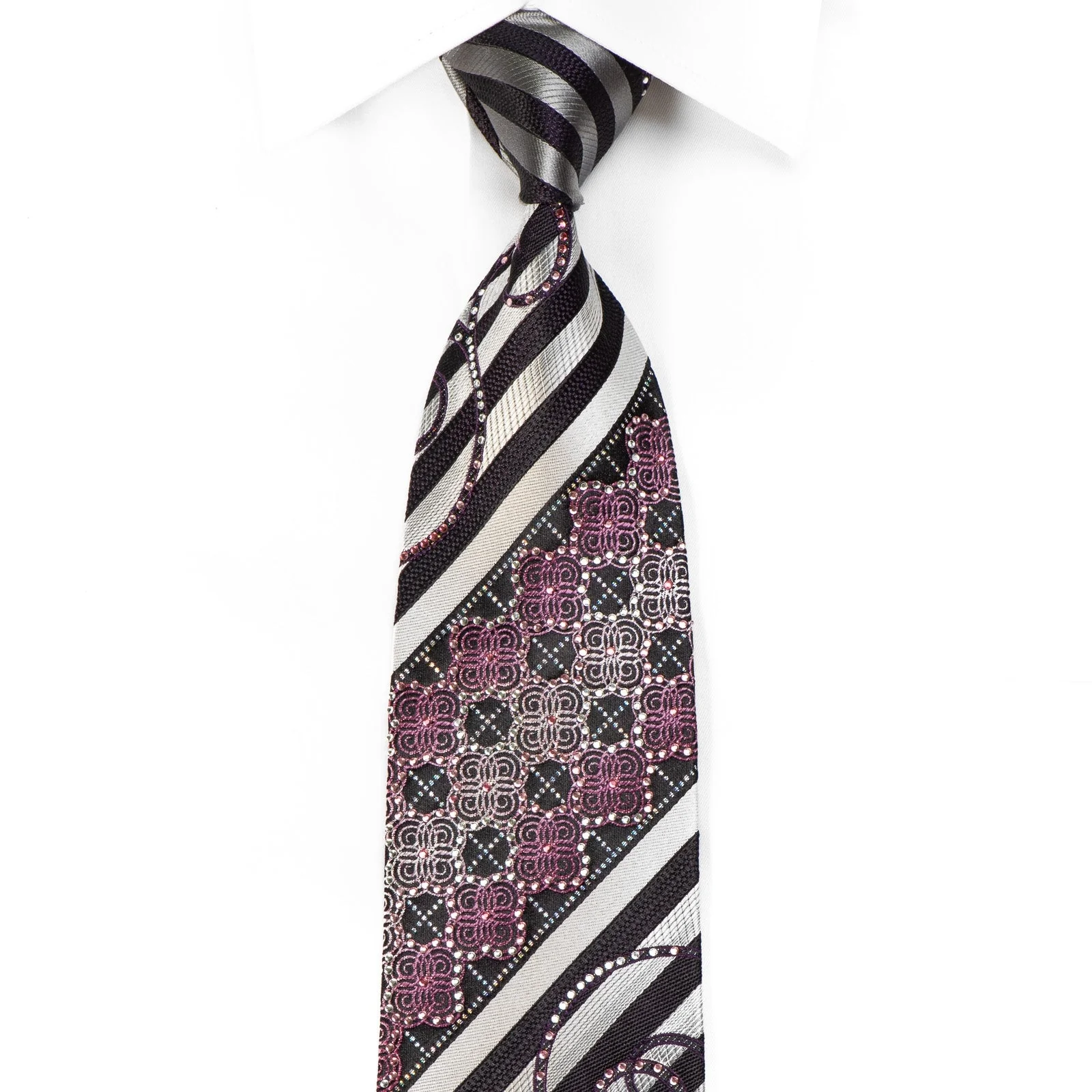 Indian Homme Men's Crystal Silk Tie Silver Striped Scrolls On Black With Sparkles