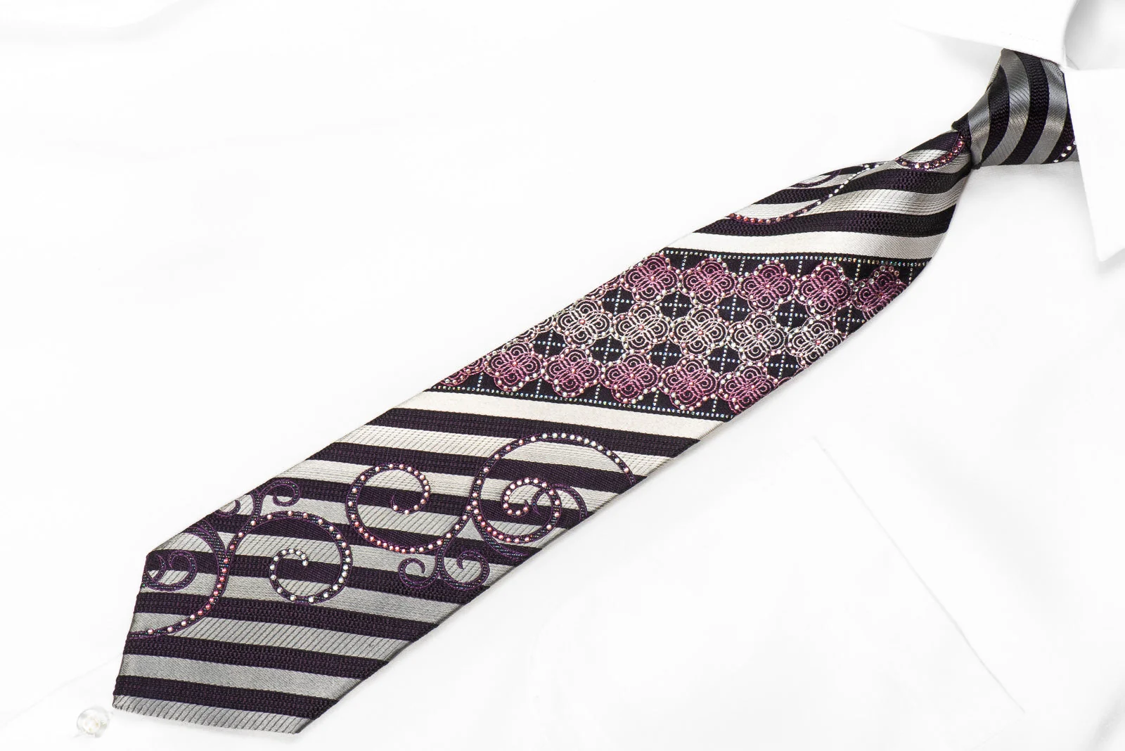 Indian Homme Men's Crystal Silk Tie Silver Striped Scrolls On Black With Sparkles - Image 2