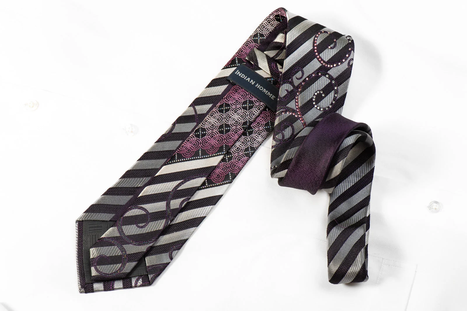 Indian Homme Men's Crystal Silk Tie Silver Striped Scrolls On Black With Sparkles - Image 3