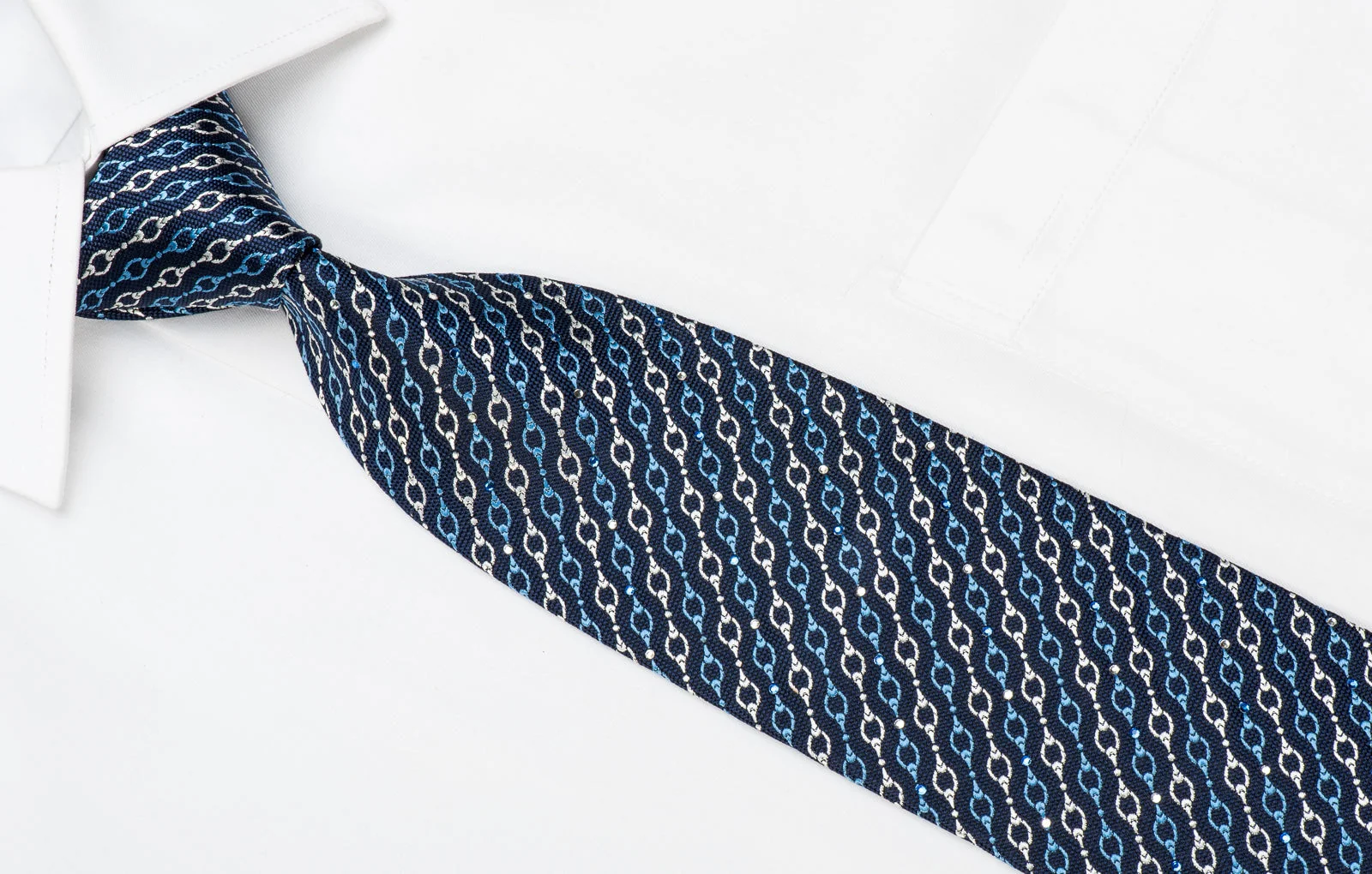 Indian Homme Men's Crystal Tie Chains On Blue Silk Sparkling With Rhinestones - Image 3