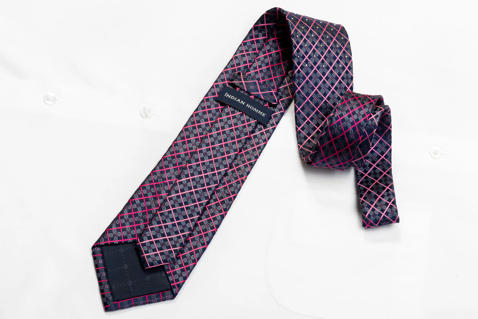 Indian Homme Men's Rhinestone Necktie Pink Striped Checker On Navy With Sparkles - Image 4