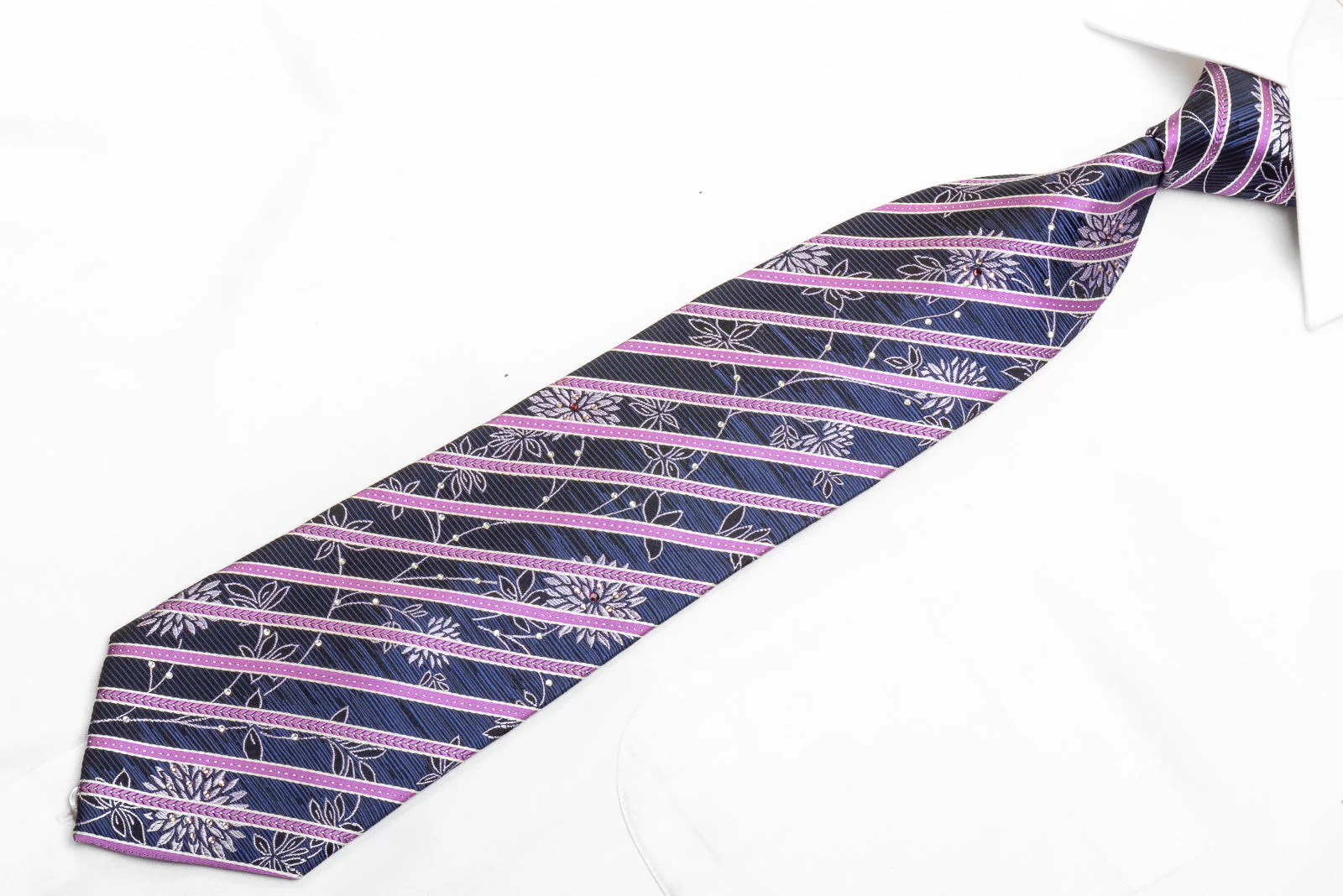 Indian Homme Men's Rhinestone Necktie Purple Striped On Black Blue Silver Floral With Sparkles - Image 3