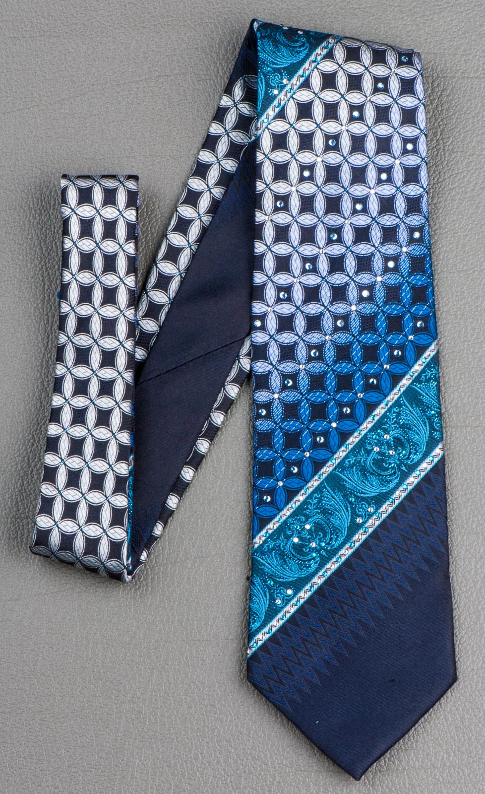 Men's Rhinestone Silk Necktie Interlocking Circles On Dark Blue - Image 2