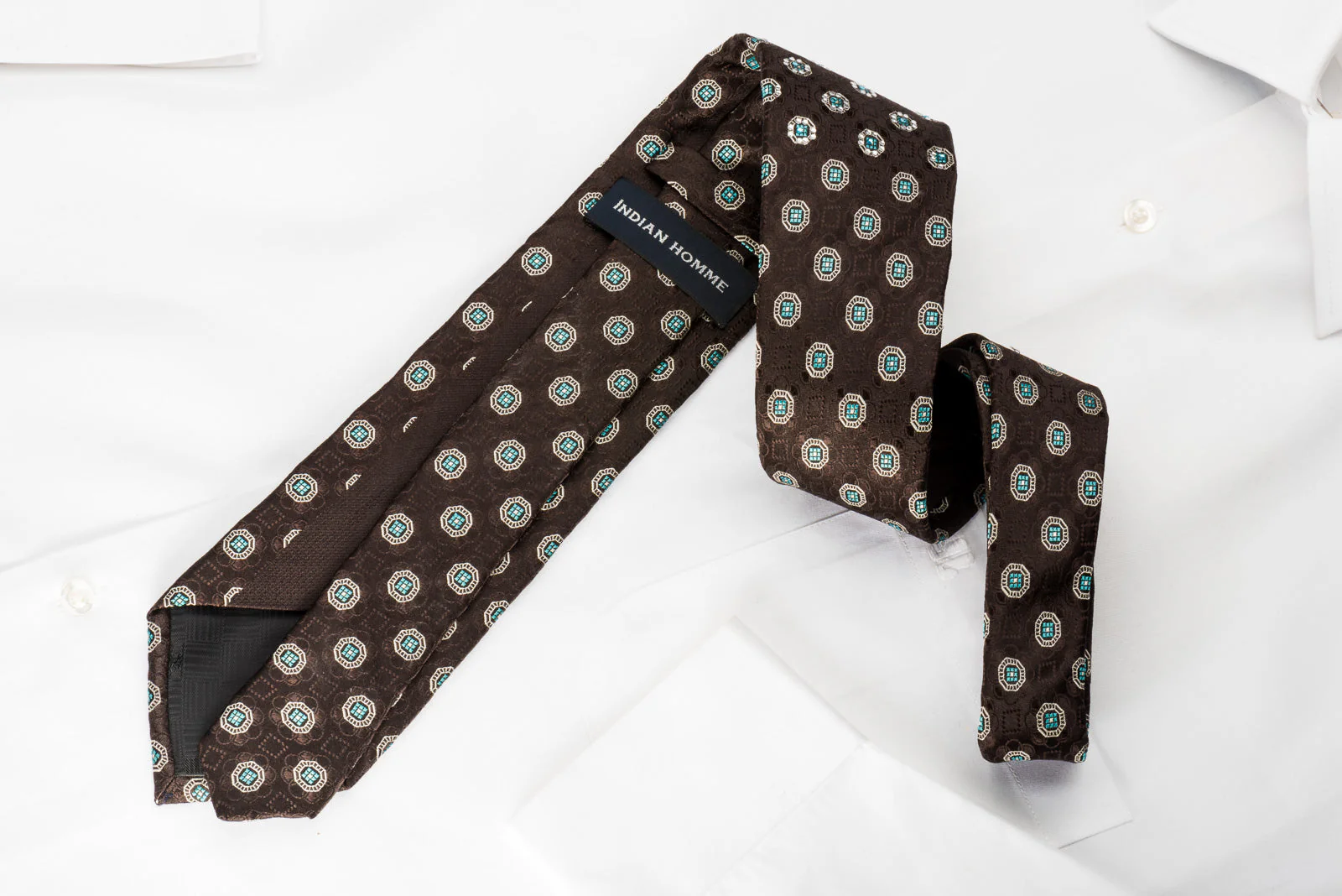 Men's Silk Necktie Silver Foulard On Dark Brown With Rhinestones - Image 6