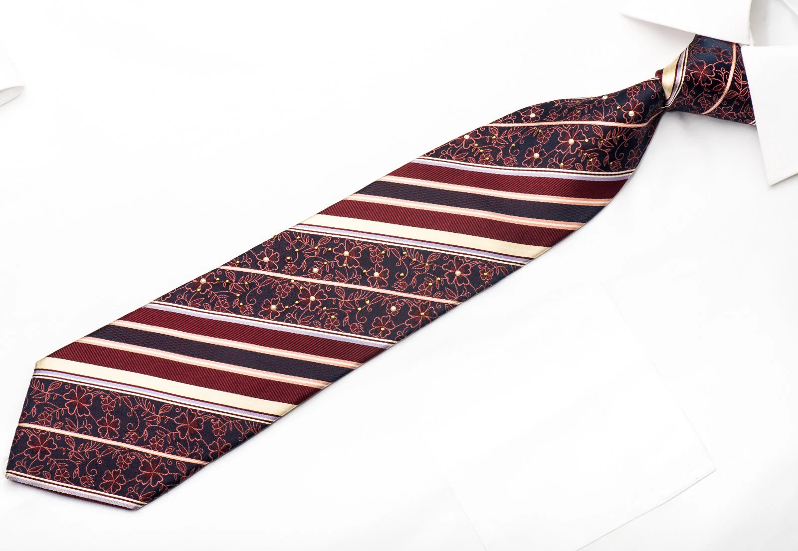 Indian Homme Men's Silk Necktie Striped On Burgundy With Pearls - Image 2