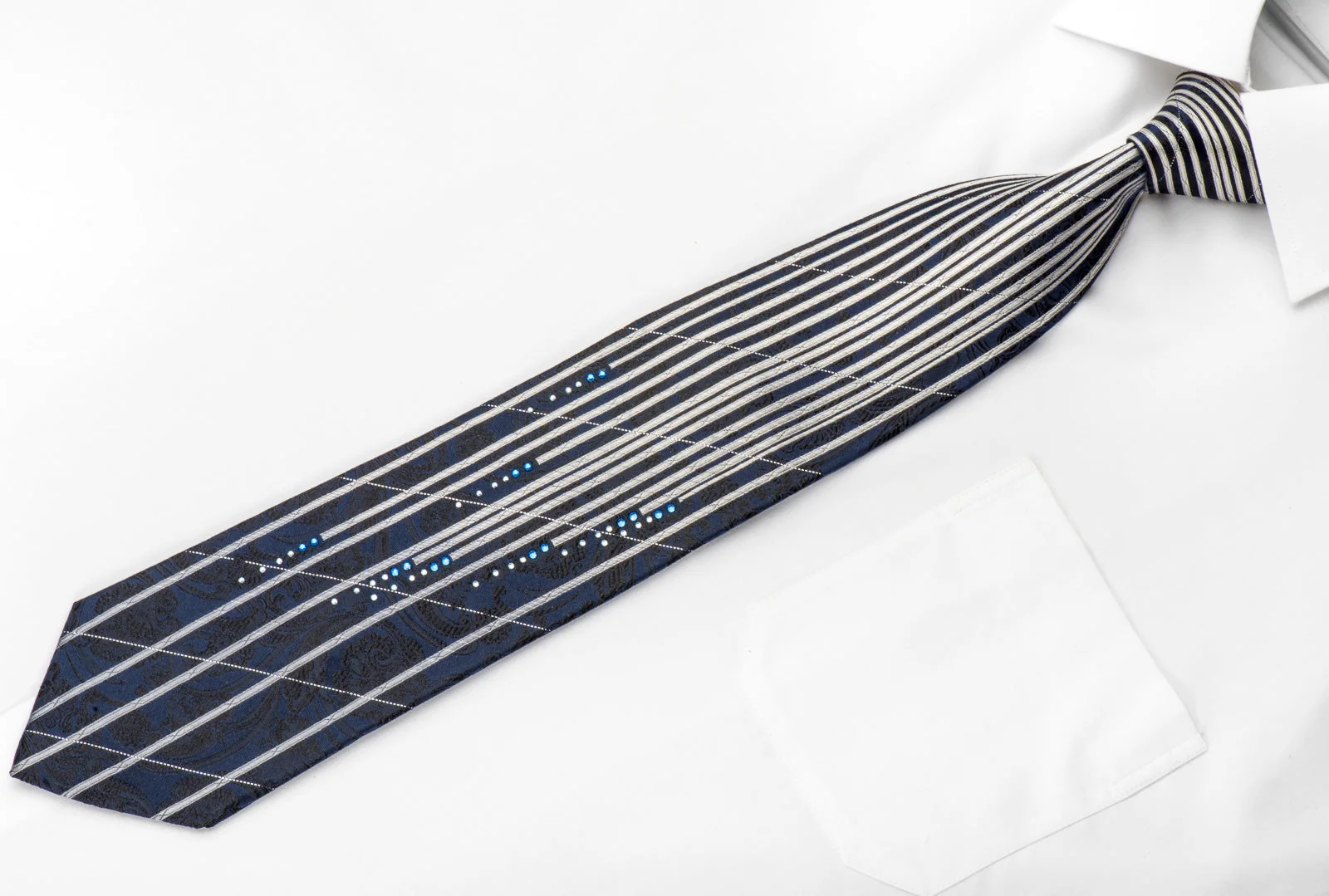 Indian Homme Men's Silk Tie Silver Vertical Striped & Black Paisley On Navy Sparkling With Rhinestones - Image 2